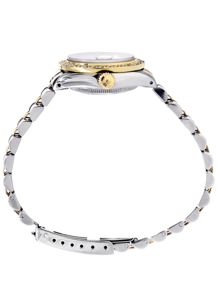 Womens Diamond Gold Rolex Watch | 1 Carat Bezel | 26Mm | Light Pink Pearl Dial | Jubilee Band FrostNYC 