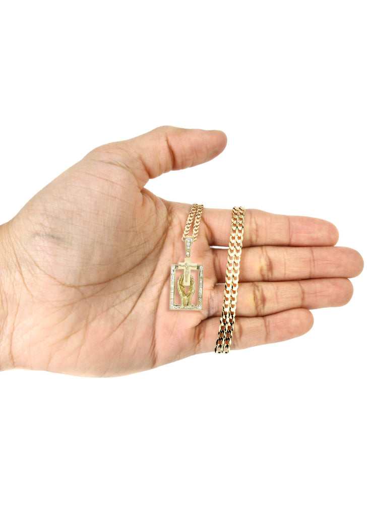 10K Yellow Gold Cuban Chain & Cz Praying Hands Pendnat | Appx. 33 Grams chain & pendant MANUFACTURER 1 