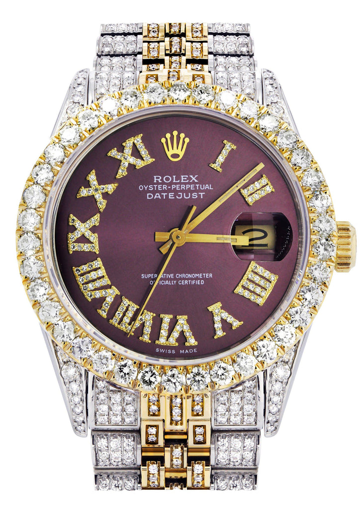 Iced Out Rolex Datejust 36 MM | Two Tone | 10 Carats of Diamonds | Burgandy Roman Diamond Dial CUSTOM ROLEX FROST NYC 
