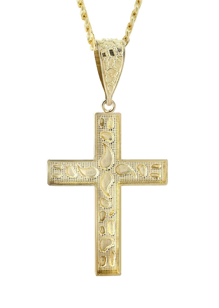 10K Yellow Gold Cuban Chain & Nugget Cross Pendant | Appx. 14.3 Grams chain & pendant FrostNYC 