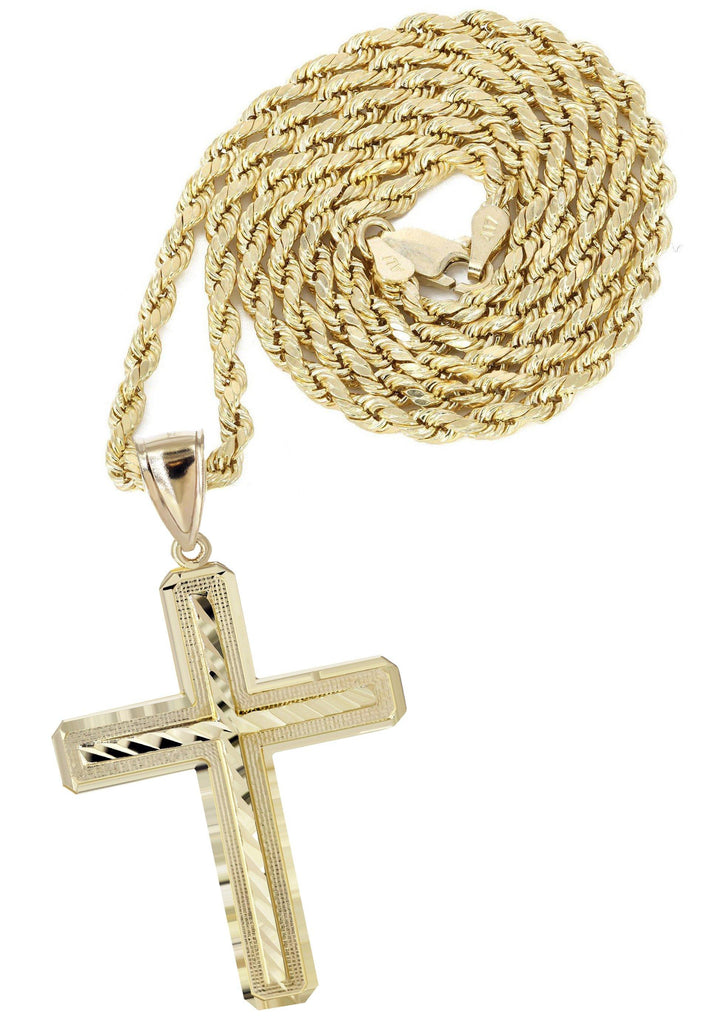 10K Yellow Gold Rope Chain & Diamond Cut Cross Pendant | Appx. 13.4 Grams chain & pendant FrostNYC 