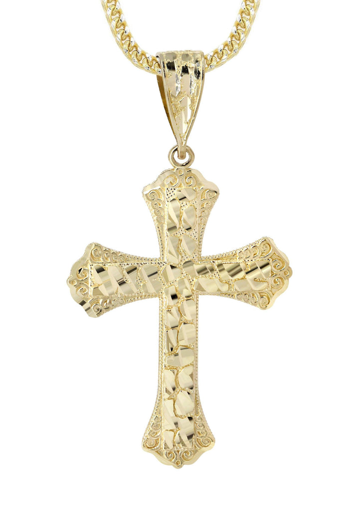 10K Yellow Gold Franco Chain & Nugget Cross Pendant | Appx. 14.3 Grams chain & pendant FrostNYC 