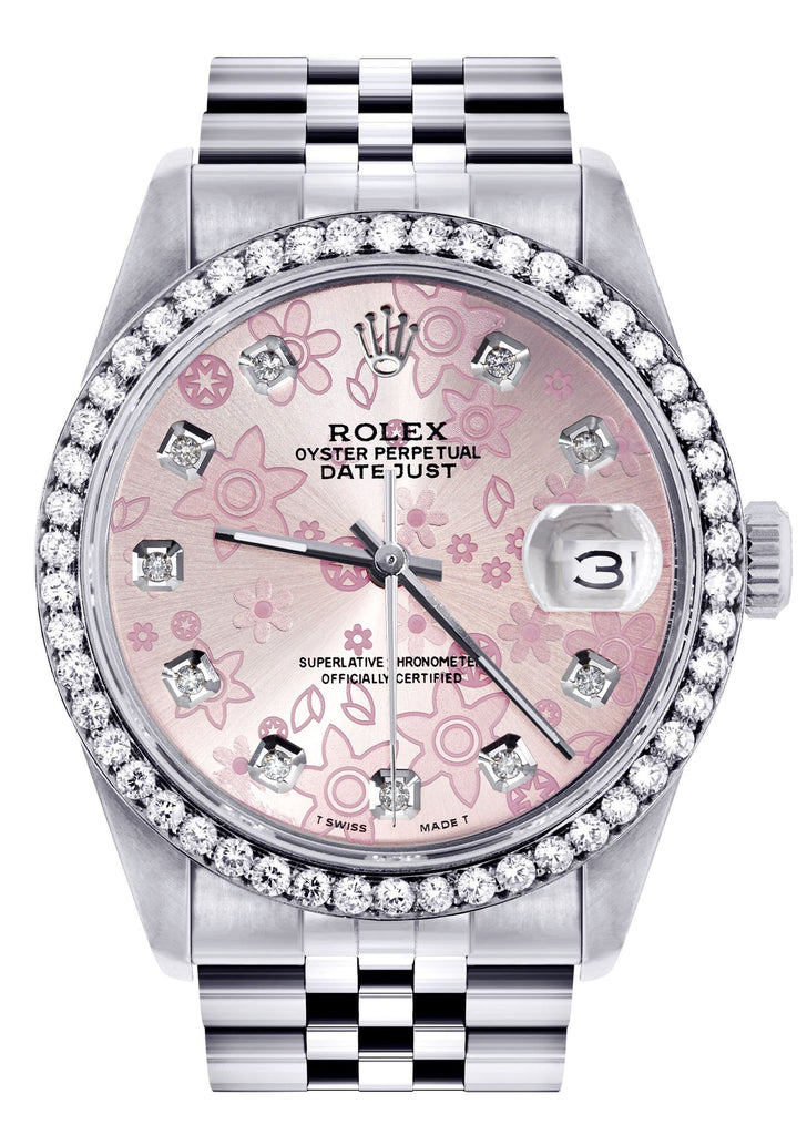 Diamond Rolex Datejust Watch | 36MM | Pink Flower Diamond Dial | Jubilee Band CUSTOM ROLEX FrostNYC 