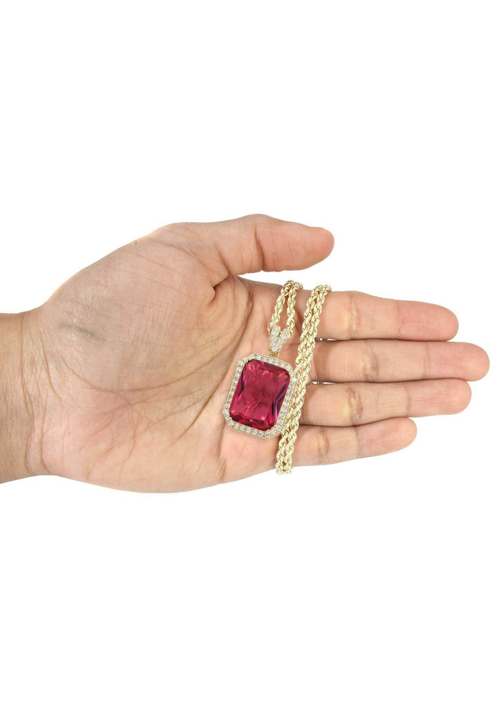 10K Yellow Gold Rope Chain & Cz Ruby Pendant | Appx. 22 Grams chain & pendant MANUFACTURER 1 